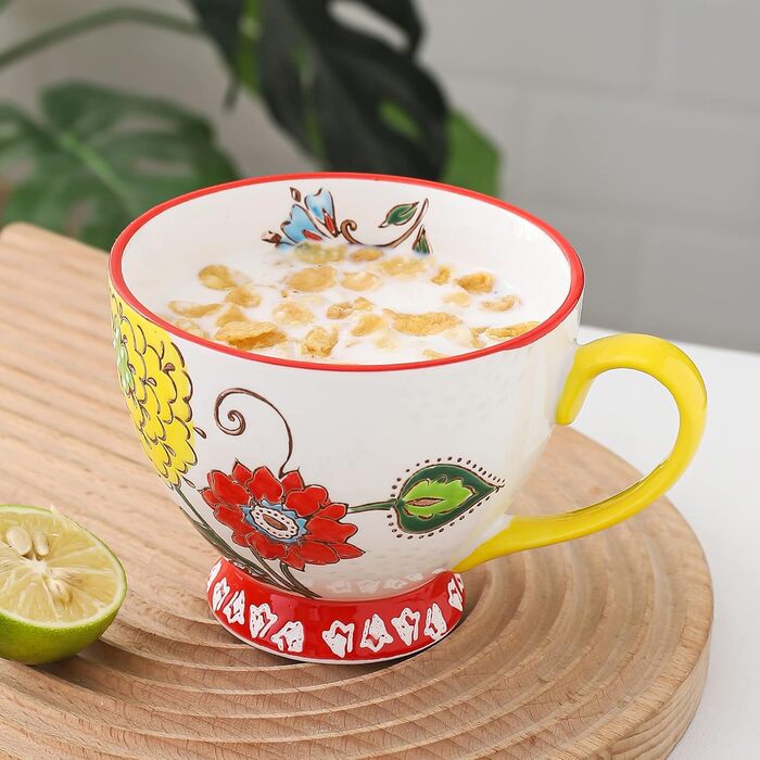 superyes Large Coffee Cup Set, 4 Pieces, Coffee Cup Set for Tea, Milk, Latte, Cappuccino, Cereal, Hot Chocolate, Soup, Gift for Friend, Family (Red-Yellow-Green, 425 ml x 4 Pieces)