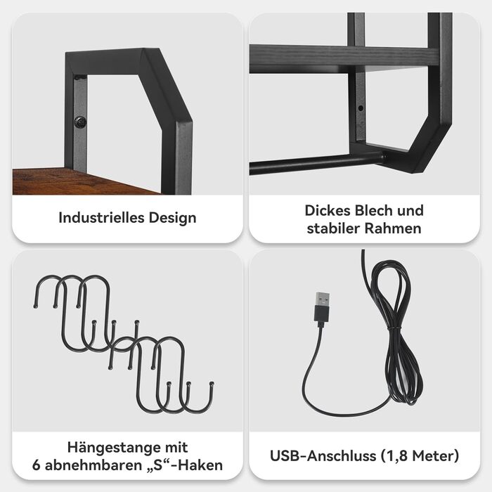 Стильне металеве виноградник на стіну з LED-підсвічуванням, 3 яруси, для бару, кухні, вітальні, ресторану, чорний, 20x80 см