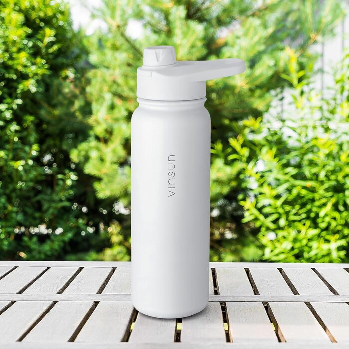 Stainless Steel Water Bottle 1L - Straw, Drinking Opening - Leak-Proof, Carbonated Drinks Safe, BPA Free - Thermos Bottle, Sports, Outdoor, School, University, Cycling, Hiking, Gym (750 ml, White)