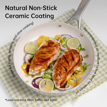 Набір антипригарних сковорідок Tjean з керамічним покриттям (без PTFE, PFOA, PFAS) з нержавіючою ручкою, підходить для індукційних, газових, електричних плит та духовки до 280°C (кремово-білий, 20+24+28 см)