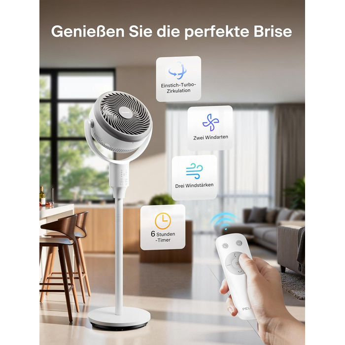 Вентилятор торнадо PELONIS з пульт дистанційного керування, дисплеєм, 3D циркуляцією, тихий (36.5dB), потужний (10м повітряний потік), регульована висота (60/111см), 4 швидкості, таймер, знімна решітка, поворотний, 92см, чорний