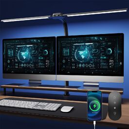 Світлодіодна настільна лампа з димером LED 1400LM 24W, подвійний гнучкий винос, чорна. З пультом ДУ, USB зарядка