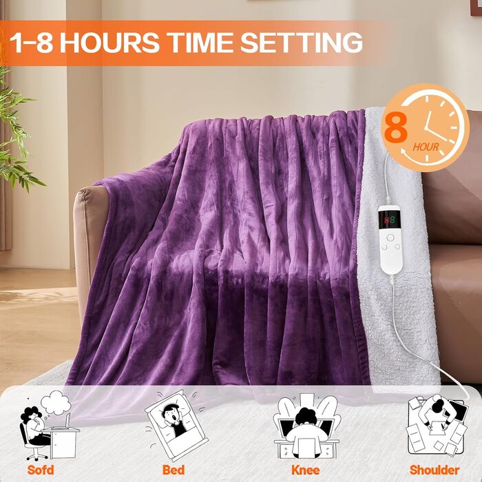 Електрична ковдра з підігрівом 130x180 см з автоматичним вимкненням, 10 рівнів нагріву, таймер 8 годин, захист від перегріву, пральна машина, фланелева ковдра з підігрівом для ліжка, дивана та офісу, фіолетовий колір 130 x 180 см