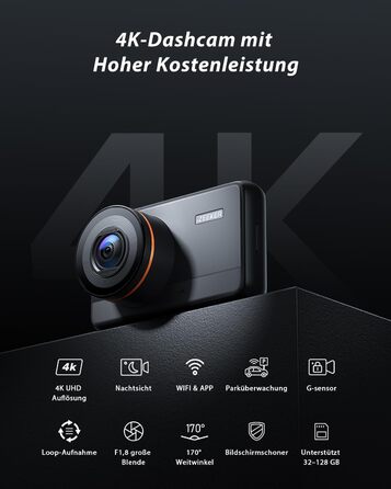 iZEEKER 4K відеореєстратор для авто, 2160P WiFi, 32GB карта, нічне бачення, Loop-запис, G-сенсор, 24h паркінг, WDR