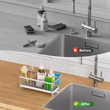 Kitchen Sink Organizer, Sponge Holder for Kitchen Sink with Automatic Draining Basket, Dish Towel Hanger, Stainless Steel 304, Dish Organizer, Soap Dispenser, Storage