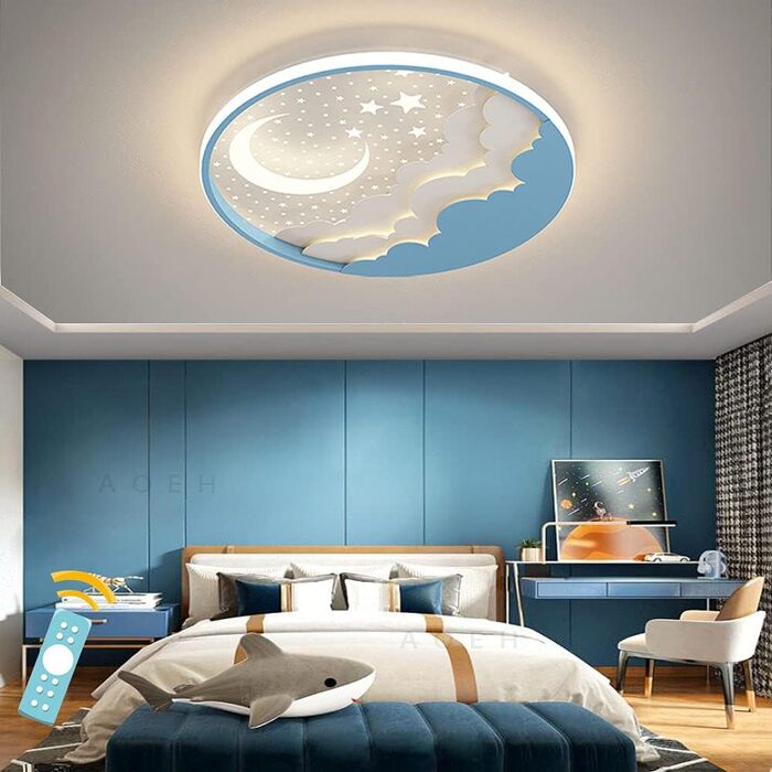 Дитяча стельова LED-лампа Зірка і Місяць, акриловий плафон, плавне дімування з пультом, ультратонка 6 см, 40 Вт, 40 см, синя для спальні та дитсадка