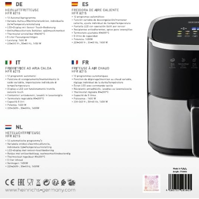 Фритюрниця повітряна HEINRICHS 9 літрів XXL, 10-в-1, LED-дисплей, 1800W, для здорового харчування