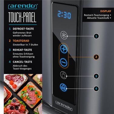 Arendo - Stainless Steel Toaster, Long Slot, 4 Slice - Touchscreen – Double-Walled Housing – 1500 W – Integrated Bagel Attachment – 7 Browning Levels – Bread Centering – Remaining Time Display – Memory Function A: Cool Grey