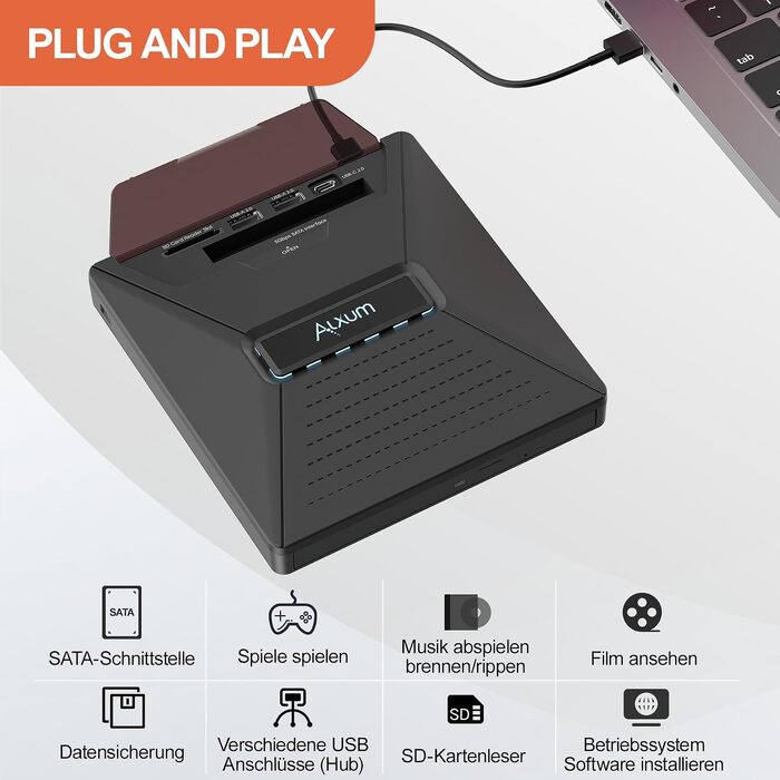 Зовнішній DVD/CD привід Alxum USB-C 3.0 для ноутбука з картридером SD/TF та додатковим USB-портом, Plug & Play для Windows, Linux, Mac OS
