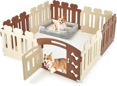 Вольєр для собак COSTWAY з 8 панелей, 60 см, з дверцятами, для дому та саду, HDPE пластик, бежевий + коричневий