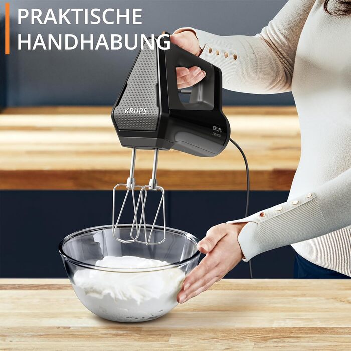 Krups GN6028 3MIX 6000 Hand Mixer | 600 W | Precise Control | Soft-Touch Handle | Long Cord | Practical Speed Control | Includes Whisk and Dough Hook | Black