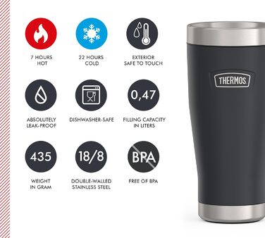 Термос ICON MUG 0,47л, темно-сірий/графітовий матовий, сталевий термокружка, 470мл, ізотермічний термос, 7 год гаряче / 22 год холодне, для кави з собою, миється в посудомийній машині, абсолютно герметичний, без BPA, 0,47л, темно-сірий/графітовий матовий