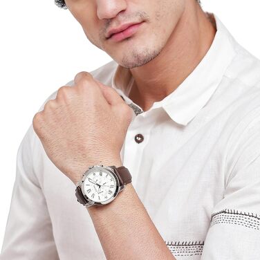 Годинник Fossil Grant для чоловіків: кварцовий хронограф, 44 мм, сталевий або шкіряний ремінець, білий та коричневий кольори