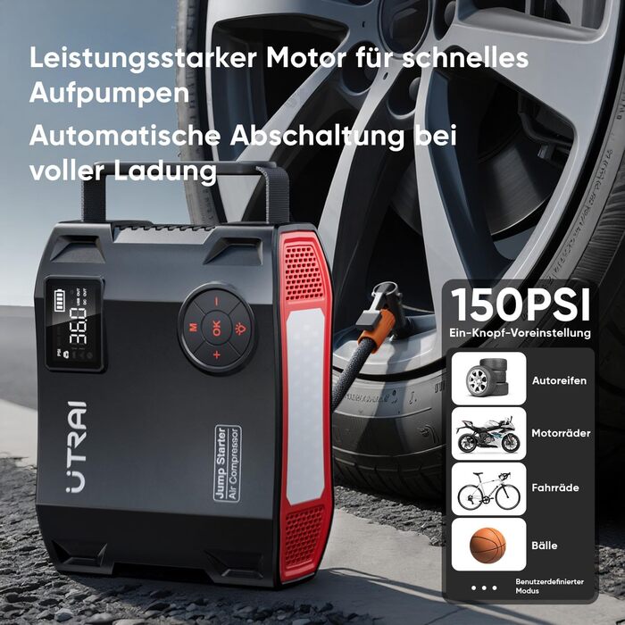 UTRAI 7000A Powerbank для запуску авто: 27000mAh, компресор, LED ліхтарик 1600 лм, QC3.0, 160W DC, для бензинових та дизельних двигунів (12L)