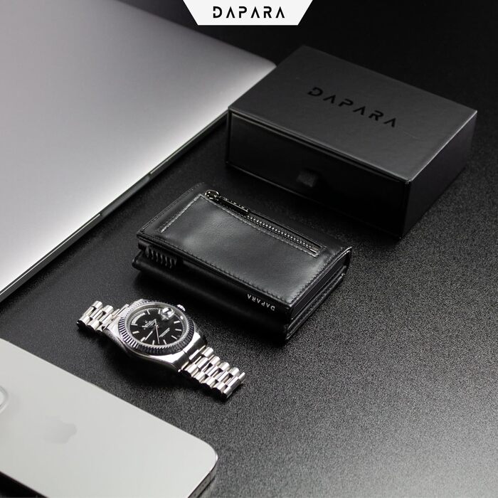 Чоловічий шкіряний гаманець DAPARA з відділенням для монет та RFID-захистом | Slim Wallet для чоловіків | Портмоне на 12 карт | Чорний міні-гаманець з відділенням для монет