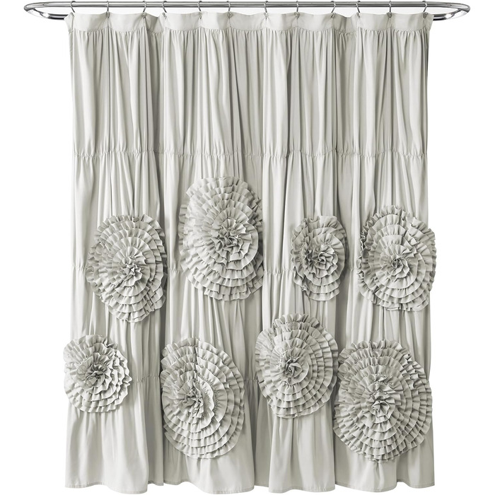 Шторка для душу Lush Decor Serena з рюшами, 183 x 183 см, світло-сіра – красивий квітковий дизайн з рюшами, розкішна шторка для душу, вінтажний гламур, стиль кантрі