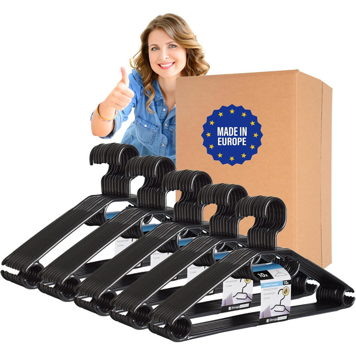 50 Плечиків для одягу з обертовими гачками на 360 градусів, перероблений пластик, чорного кольору, нековзні, економія місця, Made in EU, HLKauf-Block