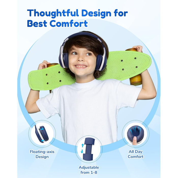 Бездротові навушники EarFun для дітей Bluetooth, регулювання гучності 85/94 дБ, Hi-Fi звук, HD-мікрофон, 40 годин роботи акумулятора, складні, регульовані, для школи/подорожей, блакитний
