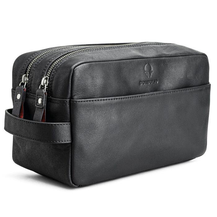 Сумка для косметики DONBOLSO Stockholm - Преміум шкіряна сумка для подорожей - Шкіряна косметичка для жінок та чоловіків з великою кількістю відділень - 25x13x15 см, Вінтажний чорний колір