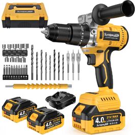 Акумуляторний ударний дриль-шуруповерт 21V - 120Nm безщітковий, комплект з 2 акумуляторами 4Ah, 20+3 ступені крутного моменту, патрон 13 мм, 2 швидкості, 35-елементний набір аксесуарів