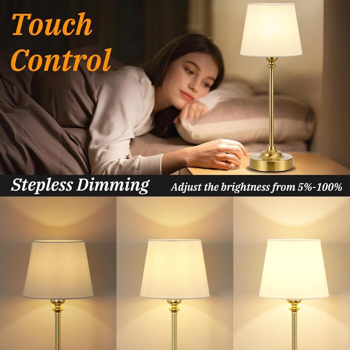 LED настільна лампа бездротова з торшером з льону, сенсорне керування, регулювання яскравості, USB-C, для спальні, вітальні, мідна, 40 см
