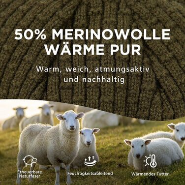 Шапка в'язана з мериносової вовни TOP-EX PolarWool™ для чоловіків та жінок, з підкладкою з флісу, для занять спортом та катання на лижах, M-XXL (Оливковий, M-L)