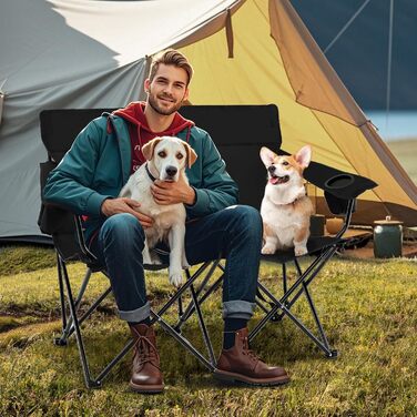 Крісло для кемпінгу на 2 особи Costway, розкладне з підстаканниками та підлокітниками, 300 кг, з сумкою для перенесення, для відпочинку, пікніків та риболовлі (чорний)