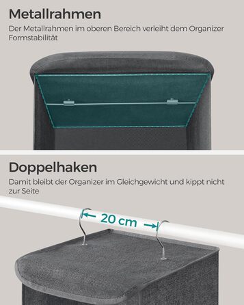 Організатор для шафи SONGMICS, навісний, складний, з металевими гачками та бамбуковими вставками (сірий, 2 шт.)