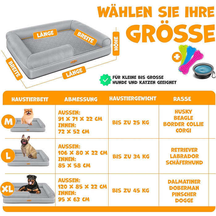 Orthopedic Dog Bed, Dog Cushion, Dog Basket Relax, Incl. Bowl + 3x Chew Bones, Dog Sofa for Small, Medium & Large Dogs, Removable and Washable Cover, 91x71x22cm (L (106 x 80 x 25 cm), Grey)