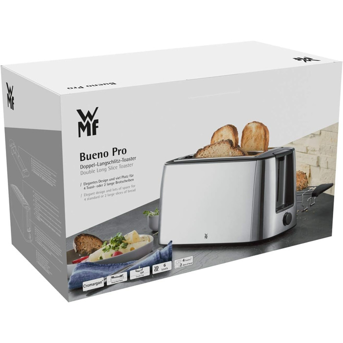 Тостер WMF Bueno Pro з довгим прорізом для 4 скибок, з насадкою для булочок, XXL тост, функція підсмажування, 6 режимів, 1550Вт, матова нержавіюча сталь