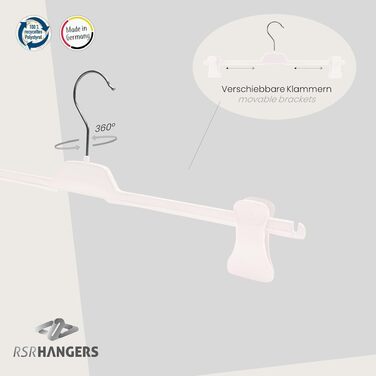 Вішалки для штанів RSR-Hangers® білі, 20 шт, XL PUC, пластикові пліччики з регульованими протиковзкими затискачами, 42 см, поворотний гачок 360°, Made in Germany