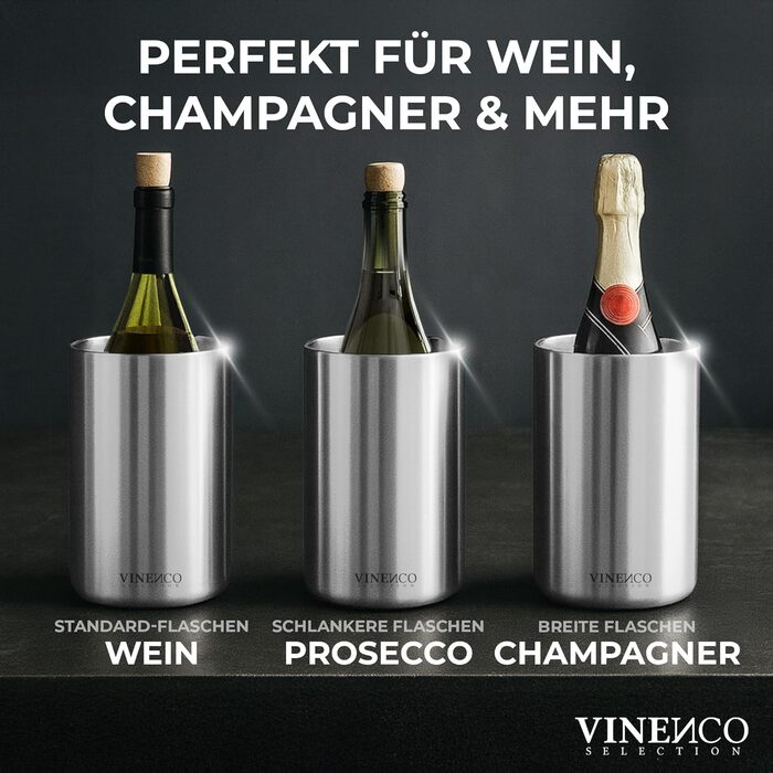 Охолоджувач для вина Vinenco з нержавіючої сталі, для шампанського та секту, з подвійними стінками, ізольований | Охолоджувач для винних пляшок, білого вина, аксесуар для вина, подарунковий набір для чоловіків та жінок