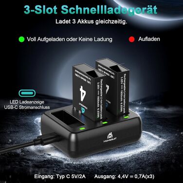 Набір акумуляторів та зарядного пристрою Homesuit для DJI Osmo Action 4/3: 2x акумулятор 1800mAh, Dual USB LED Charger