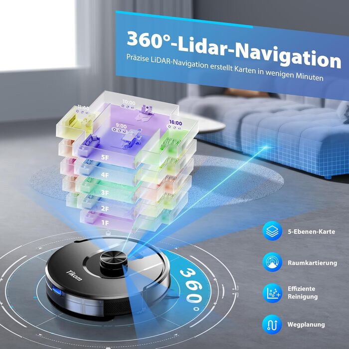 Робот-пилосос з функцією миття підлоги Tikom L8000 Pro, 6000Pa, LiDAR, 150 хв, APP, 14 зон, для шерсті тварин, килимів та твердих підлог, чорний
