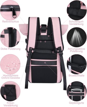 Roll-top Backpack Waterproof, 27L Large Backpack Men Women, School Backpack with 17.3 Inch Laptop Compartment, Travel Backpack Hiking Backpack for Business Work College Travel Leisure (Pink)