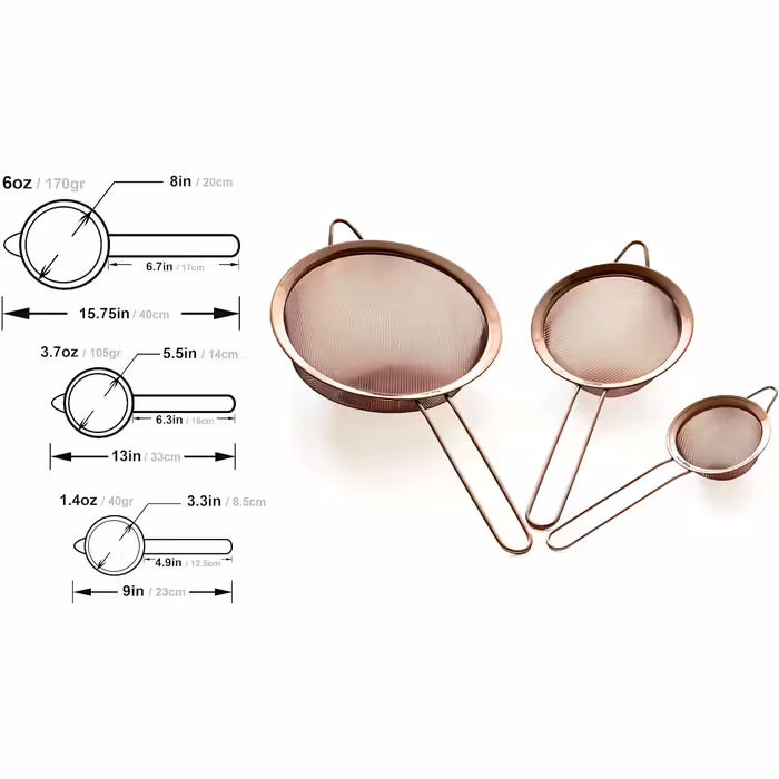 Proto Future High-Quality Kitchen Sieves Set, Fine Mesh - 8.5/14/20cm - Premium 304 Stainless Steel - Durable Sieves in Copper Color, Sieve Set for the Kitchen