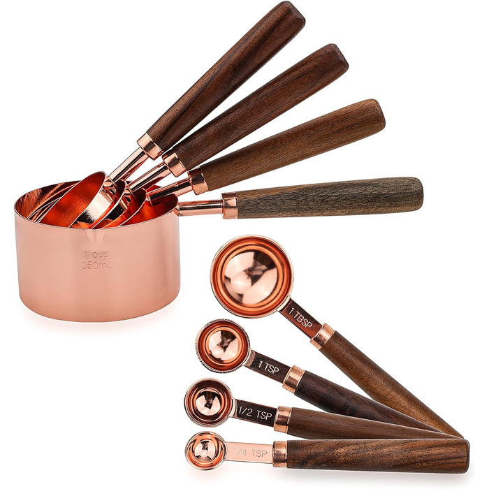 Measuring Cup and Spoon Set, Rose Gold Measuring Cups and Spoons, Stainless Steel Measuring Cups with Wooden Handle, Metal Measuring Cup Set for Cooking, Baking, 8 Pieces