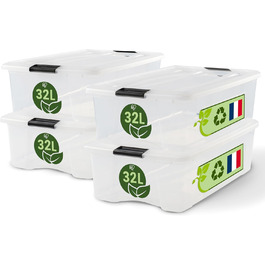 Iris Ohyama Storage Box with Lid, 6-Piece Set, Transparent, Snap Closures with Handles, Stackable, Strong & Durable, For Clothing, Garage, Home, Office, Plastic Box, Storage TB-45 (32L, x4)