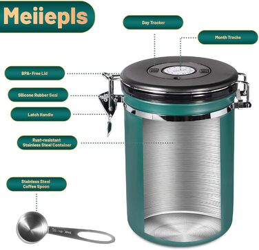 Герметичний контейнер для кави з нержавіючої сталі 1,8L, вакуумна кавова банка, контейнер для кавових зерен з нержавіючою ложкою та датчиком часу, для зберігання кави, чаю, горіхів, какао, щоб довше залишатися свіжими