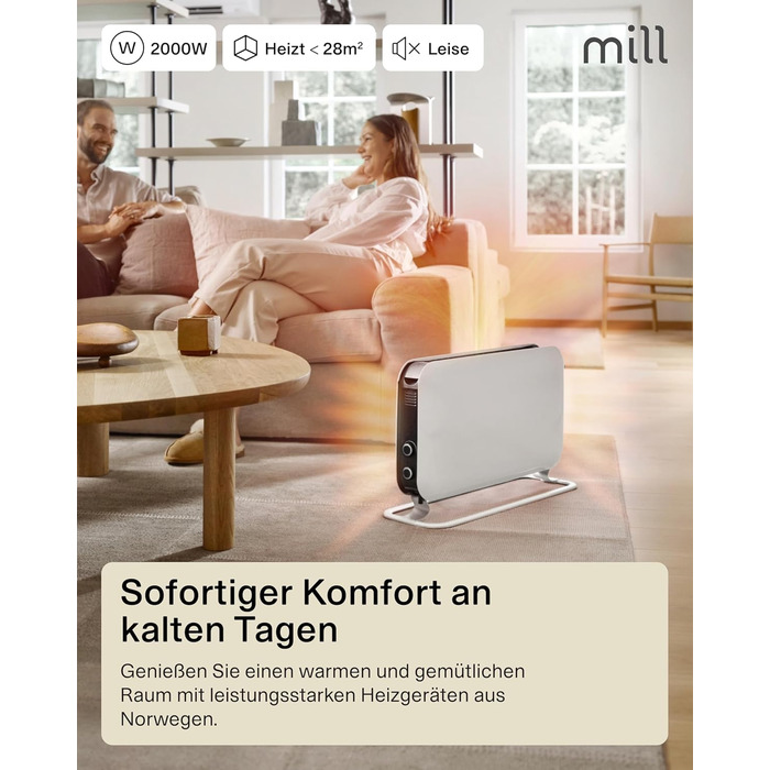 Електричний конвекторний обігрівач Mill MEC 2000W – 24-28 м², з термостатом, тихий, для дому