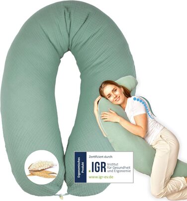 sei Design XXL Pregnancy Pillow Microbeads 190x30 - Pregnancy Pillow Side Sleeper Pillow Baby Comfort Pillow Adult - Ergonomic with Cotton Muslin Natural Cover