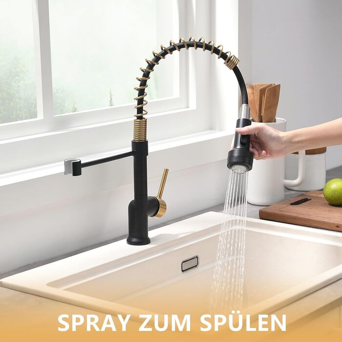 Кухонний змішувач AIMADI висувний, високого тиску, з 2 режимами (струмінь та розпилення), поворотний на 360°, однорегуляторний для кухонної мийки (з LED-підсвіткою, золотий)