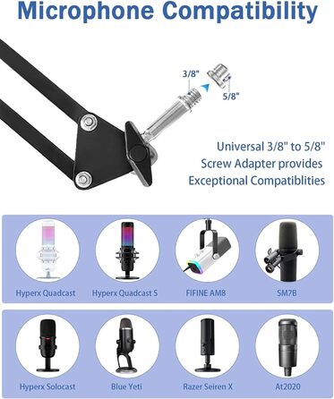 Підставка для мікрофона BILIONE з поп-фільтром та амортизатором, регульована, з адаптерами