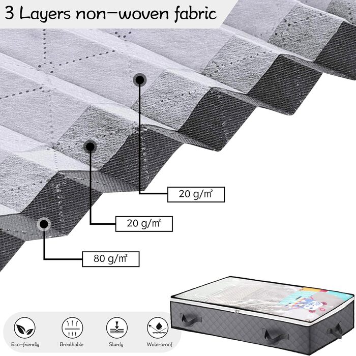 Коробки для зберігання під ліжком, 3 шт. Складані контейнери для білизни з 6 кишенями, органайзер для ліжка з ручками та блискавкою, коробки для одягу та постільної білизни