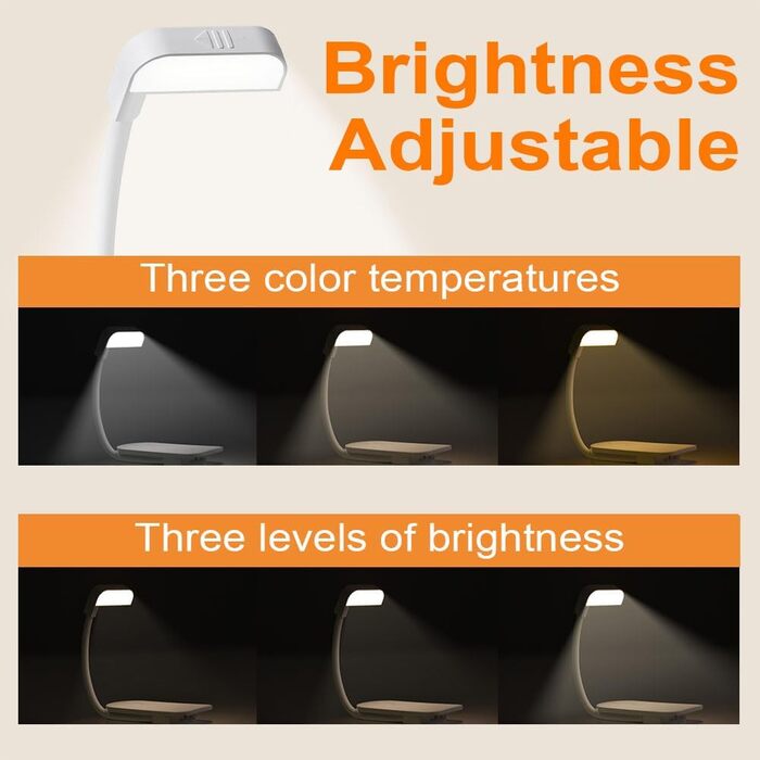 LED лампа для читання з кліпсою, USB перезаряджувана, 3 режими яскравості та колірної температури, гнучка на 360°, біла