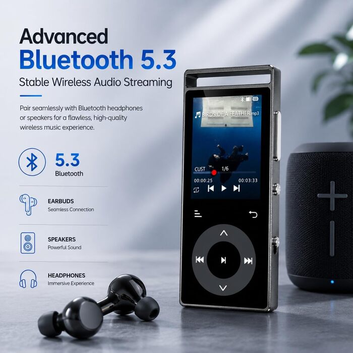 MP3-плеєр з Bluetooth 5.3 та HiFi-звуком, 90 ГБ, сенсорні кнопки, кольоровий дисплей, металевий корпус, FM-радіо, підтримка e-books, розширювальна пам'ять до 128 ГБ, чорний