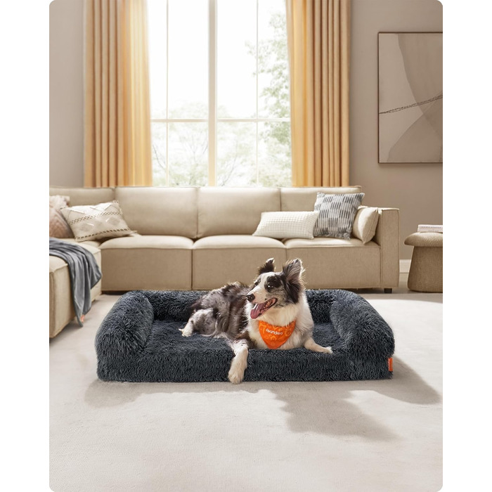 Feandrea FluffyHug Dog Bed, Dog Cushion Size XL, Dog Mat for Medium and Large Dogs, Dog Sofa with Ruffle Foam, Removable and Washable Cover, 106 x 80 x 23 cm, Ombré Grey PGW233G01 (XL (106 x 80 x 23 cm), dark grey)