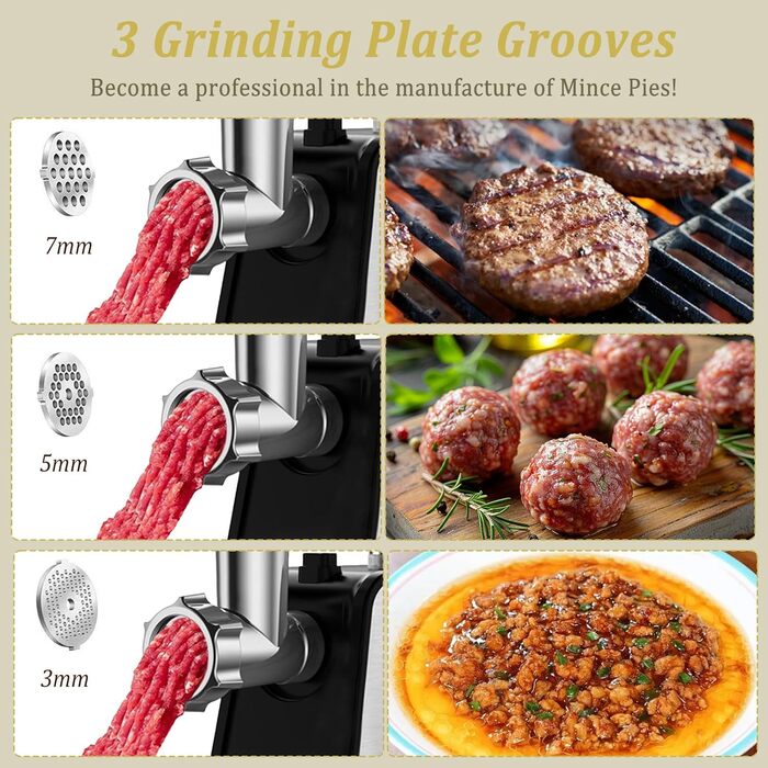 Електрична м'ясорубка з насадкою для ковбас, 3 в 1, нержавіюча сталь - професійна м'ясорубка та машина для ковбас з 3 насадками, 2 формами для фрикадельок, 2 лезами з нержавіючої сталі та 3 дисками для фаршу