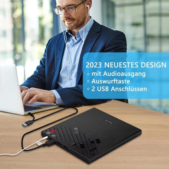 Зовнішній CD/DVD привід для ноутбука USB-C: слот-ін DVD-брунер та плеєр для Mac, MacBook, Windows з кнопкою вильоту