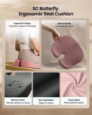 Ортопедична подушка для сидіння ProtoArc для офісного крісла: ергономічна, з піною Memory Foam, для рівномірного розподілу тиску, для комфорту протягом дня (роликове крісло, автомобіль) (Рожевий, Великий)